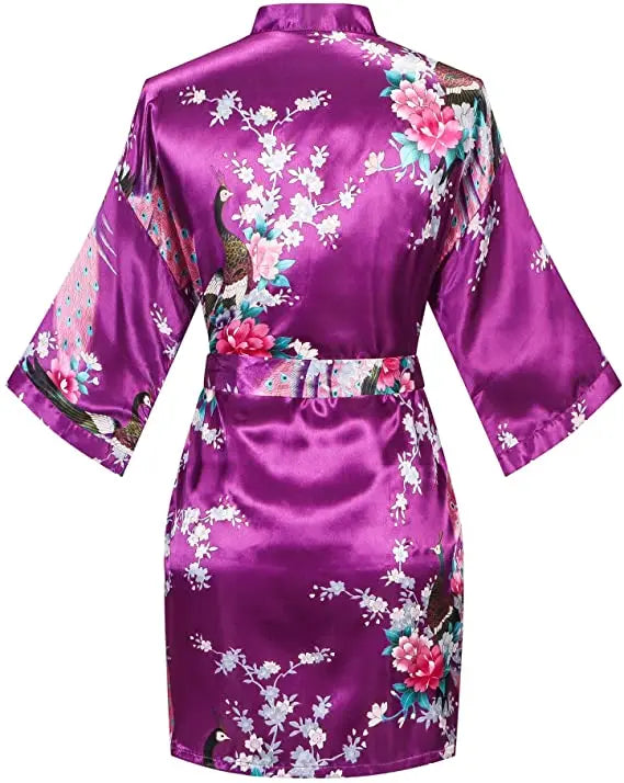 Women Satin Print Bathrobe Short Long Kimono Wedding Bridesmaids Robe Night Gown Dress