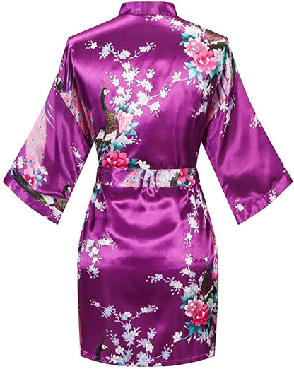 Women Satin Print Bathrobe Short Long Kimono Wedding Bridesmaids Robe Night Gown Dress