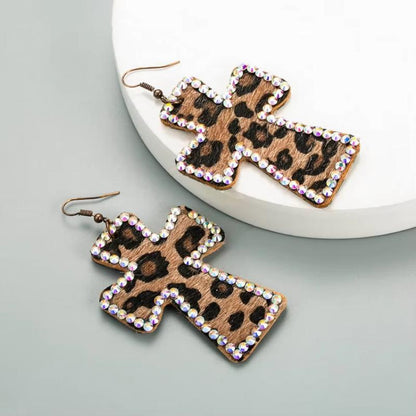 Women Fashion Crystal Accented Leather Leopard Cross Drop Earrings