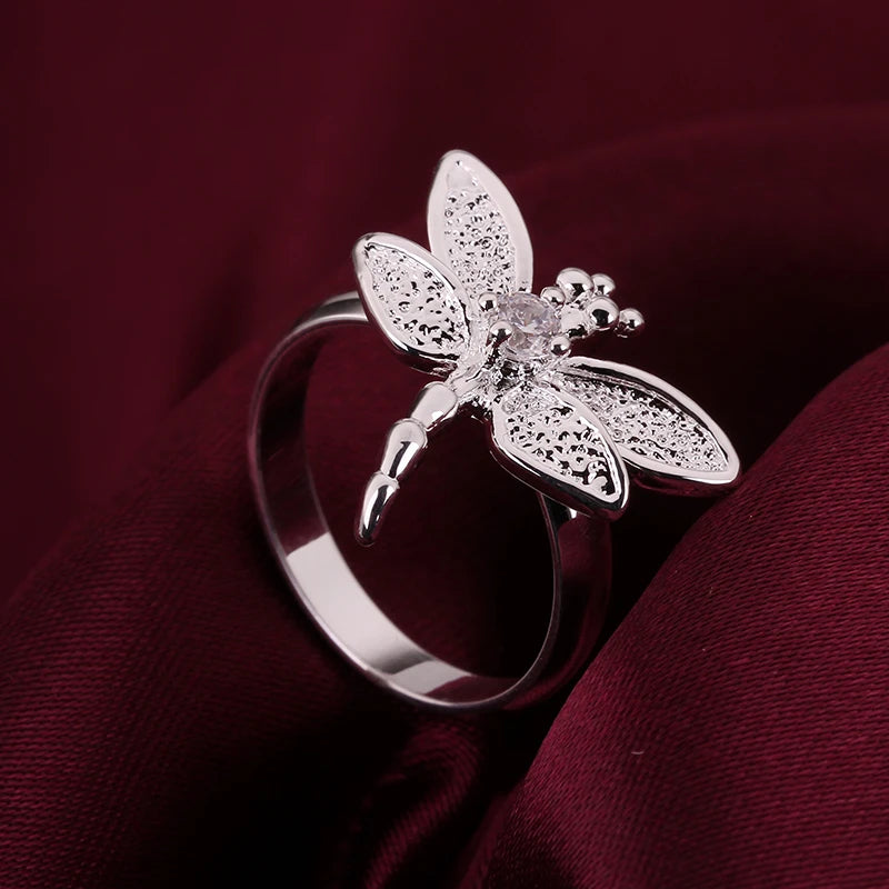 925 Sterling Silver Dragonfly Women Wedding Engagement Fashion Charm Ring