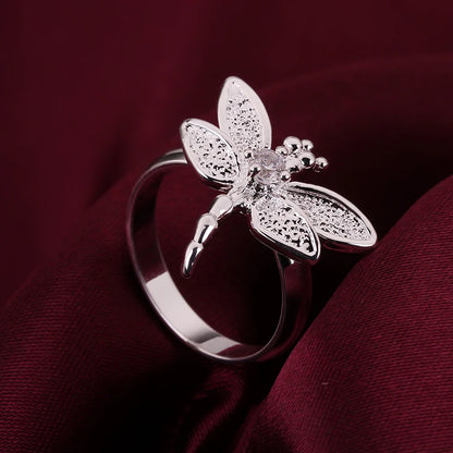 925 Sterling Silver Dragonfly Women Wedding Engagement Fashion Charm Ring