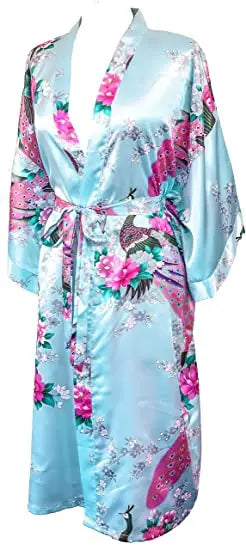 Satin Women Wedding Bridesmaids Crane Print Bathrobe Short Long Kimono Night Gown
