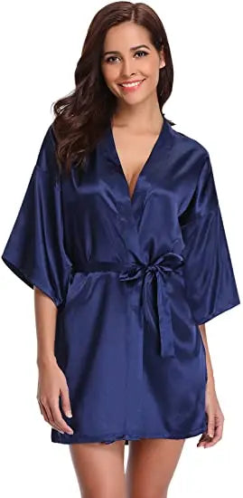 Women Nightgown Solid Color Kimono Bathrobe Satin Wedding Bridal Sleepwear