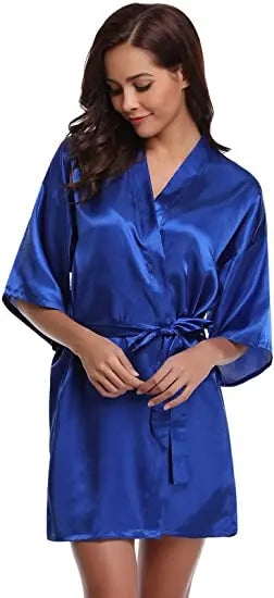 Women Nightgown Solid Color Kimono Bathrobe Satin Wedding Bridal Sleepwear