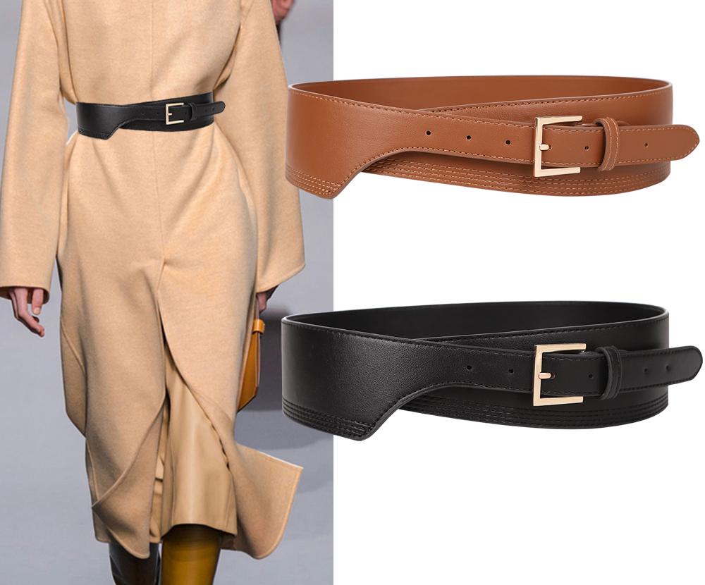Fashion Designs Wide Leather Gold Pin Buckle Irregular Designs Waistbands Belt