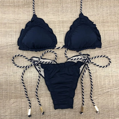 Sexy Halter Thong Micro Bikini Push Up Brazilian Tropical Plant Print String Mini Swimsuit
