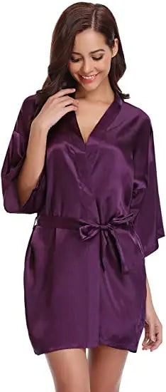 Women Nightgown Solid Color Kimono Bathrobe Satin Wedding Bridal Sleepwear
