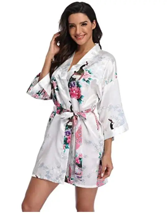 Women Satin Print Bathrobe Short Long Kimono Wedding Bridesmaids Robe Night Gown Dress