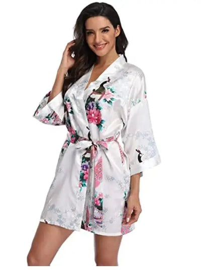 Women Satin Print Bathrobe Short Long Kimono Wedding Bridesmaids Robe Night Gown Dress