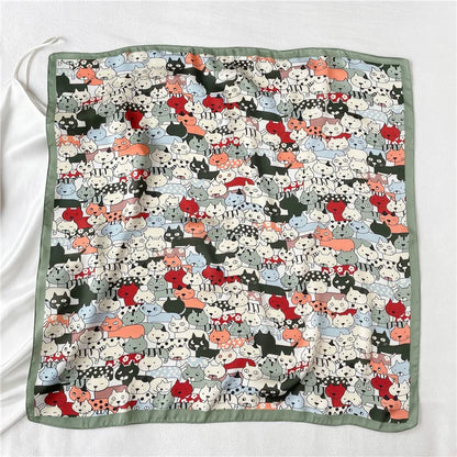 Women Fashion Silk Satin Cats Pets Printed Wrap Scarf Bandana Scarves