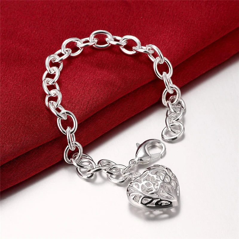 925 Sterling Silver Hollow Heart Woman Wedding Engagement Fashion Party Charm Pendant Bracelet
