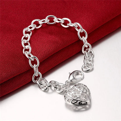 925 Sterling Silver Hollow Heart Woman Wedding Engagement Fashion Party Charm Pendant Bracelet