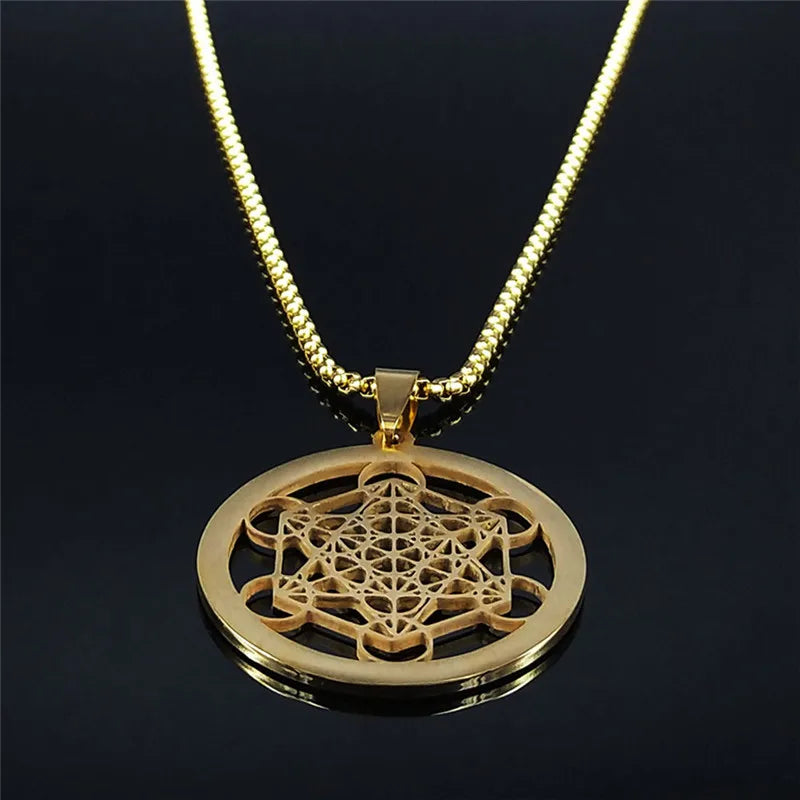Women Metatron Sacred Geometry Symbol Flower of Life Stainless Steel Crystal Pendant Necklace
