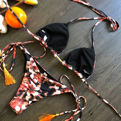 Sexy Micro Feather Print Bandage Swimwear Bathing Brazilian Bikini Suit