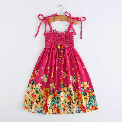 Kids Girls Floral Sling Ruffles Bohemian Beach Princess Birthday Party Dress w/ Necklace