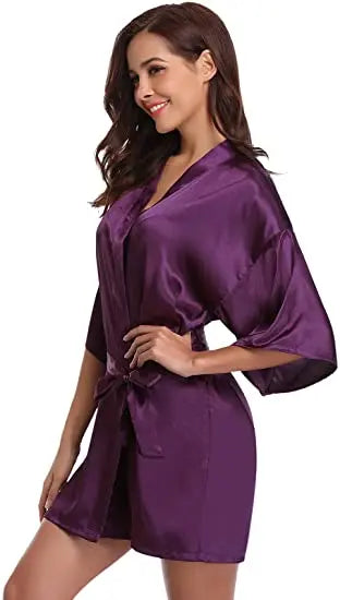 Women Nightgown Solid Color Kimono Bathrobe Satin Wedding Bridal Sleepwear
