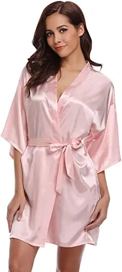 Women Nightgown Solid Color Kimono Bathrobe Satin Wedding Bridal Sleepwear