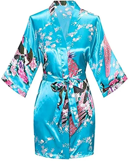 Women Satin Print Bathrobe Short Long Kimono Wedding Bridesmaids Robe Night Gown Dress