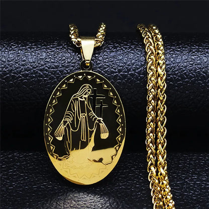Men Stainless Steel Hip Hop Virgin Mary Medal Our Lady of Guadalupe Pendant Necklace