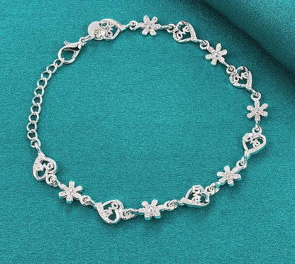 925 Sterling Silver Full Heart Love Flower Chain Women Wedding Engagement Party Bracelet