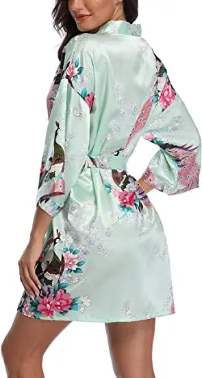 Women Satin Print Bathrobe Short Long Kimono Wedding Bridesmaids Robe Night Gown Dress