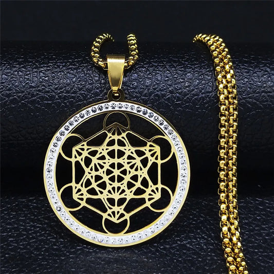 Women Metatron Sacred Geometry Symbol Flower of Life Stainless Steel Crystal Pendant Necklace