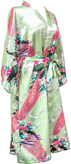 Satin Women Wedding Bridesmaids Crane Print Bathrobe Short Long Kimono Night Gown