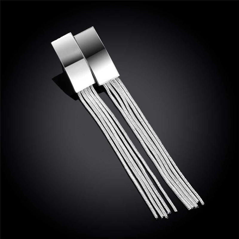 925 Sterling Silver Long Tassel Charm Women Fashion Wedding Engagement Party Earrings