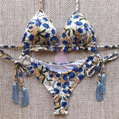 Sexy Micro Feather Print Bandage Swimwear Bathing Brazilian Bikini Suit