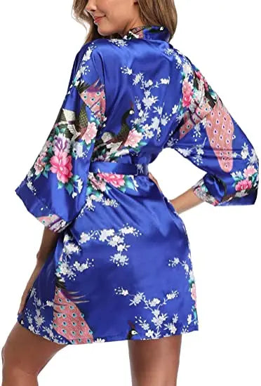 Women Satin Print Bathrobe Short Long Kimono Wedding Bridesmaids Robe Night Gown Dress