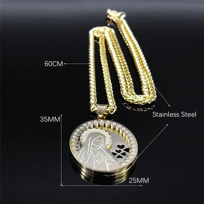 Women Men Gold Color Double Layer Stainless Steel Virgin Mary Medal Long Chain Pendant Necklace