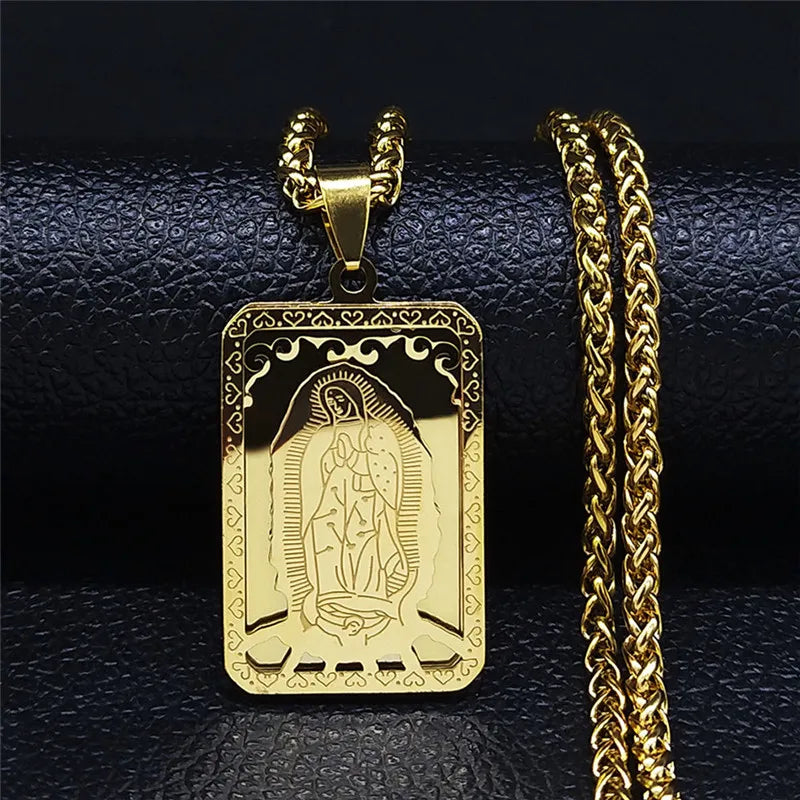 Men Stainless Steel Hip Hop Virgin Mary Medal Our Lady of Guadalupe Pendant Necklace