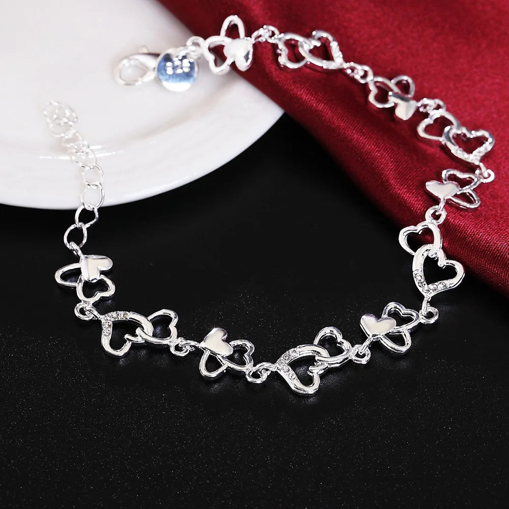 Women 925 Sterling Silver FULL Heart Zircon Wedding Party Chain Bracelet