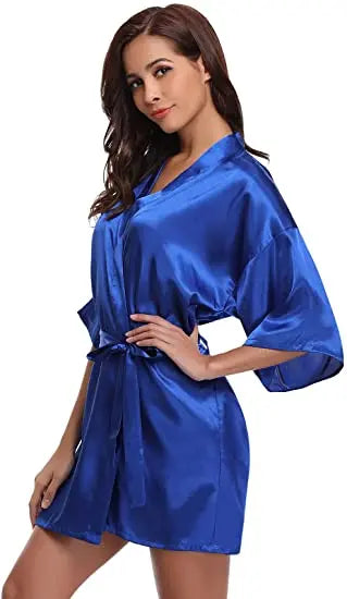 Women Nightgown Solid Color Kimono Bathrobe Satin Wedding Bridal Sleepwear