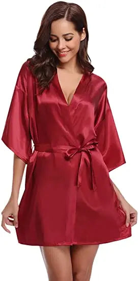 Women Nightgown Solid Color Kimono Bathrobe Satin Wedding Bridal Sleepwear