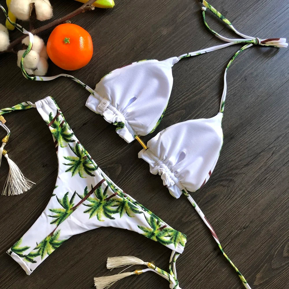Sexy Micro Feather Print Bandage Swimwear Bathing Brazilian Bikini Suit