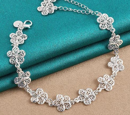 925 Sterling Silver Full Flower Chain Women Wedding Engagement Party Fashion Bracelet