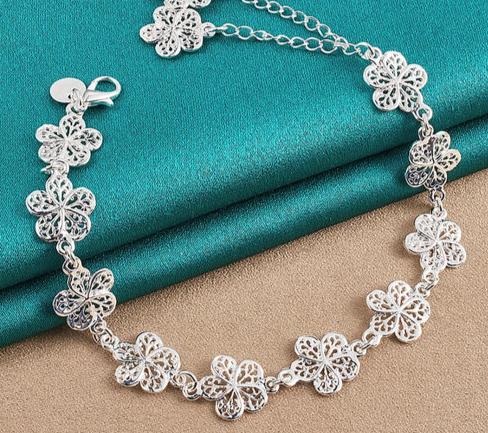 925 Sterling Silver Full Flower Chain Women Wedding Engagement Party Fashion Bracelet