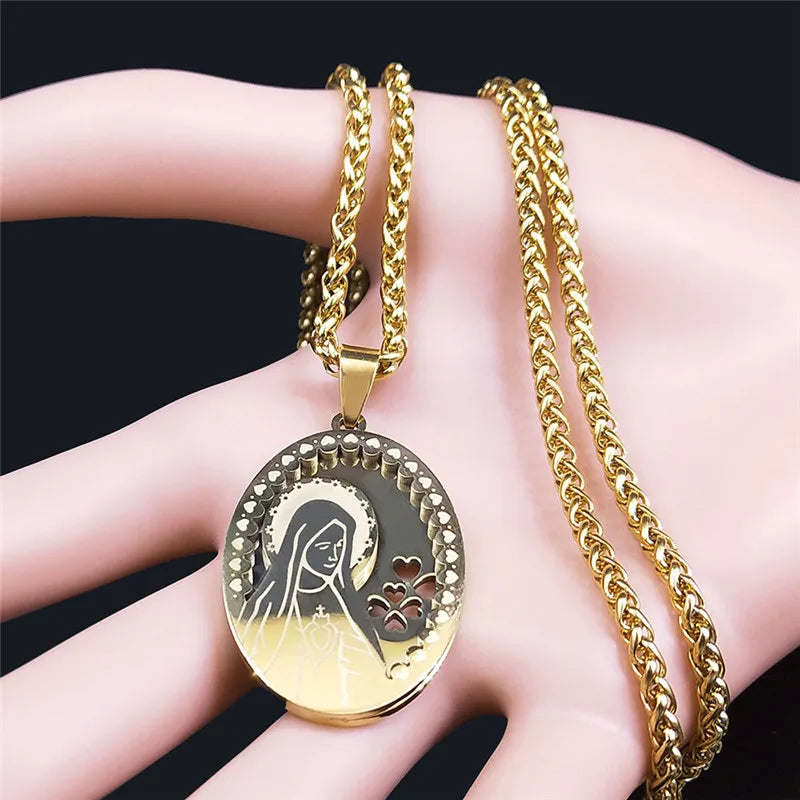 Women Men Gold Color Double Layer Stainless Steel Virgin Mary Medal Long Chain Pendant Necklace