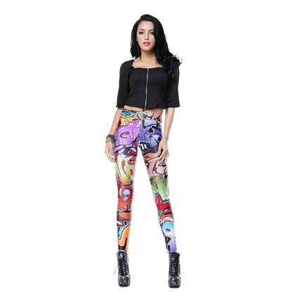 Women Fashion Colorful Comic Doodles Printed Leggings Pant