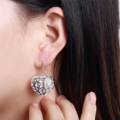 925 Sterling Silver Heart Ball Woman Wedding Engagement Party Fashion Charm Drop Earrings
