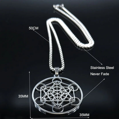 Men Sacred Geometry Angel Seal Metatron Symbol Yoga Hindu Buddhism Stainless Steel Necklace