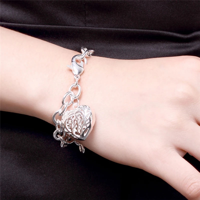 925 Sterling Silver Hollow Heart Woman Wedding Engagement Fashion Party Charm Pendant Bracelet