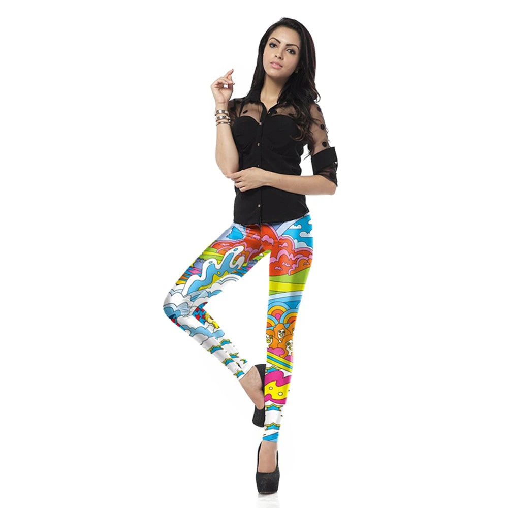 Women Fashion Colorful Comic Doodles Printed Leggings Pant