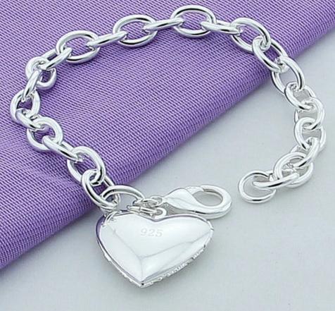 925 Sterling Silver Smooth Heart Photo Frame Woman Charm Wedding Engagement Party Fashion Pendant Bracelet