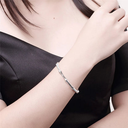 925 Sterling Silver Bamboo Joint Opening Women Wedding Engagement Party Fashion Cuff Bracelet Bangles