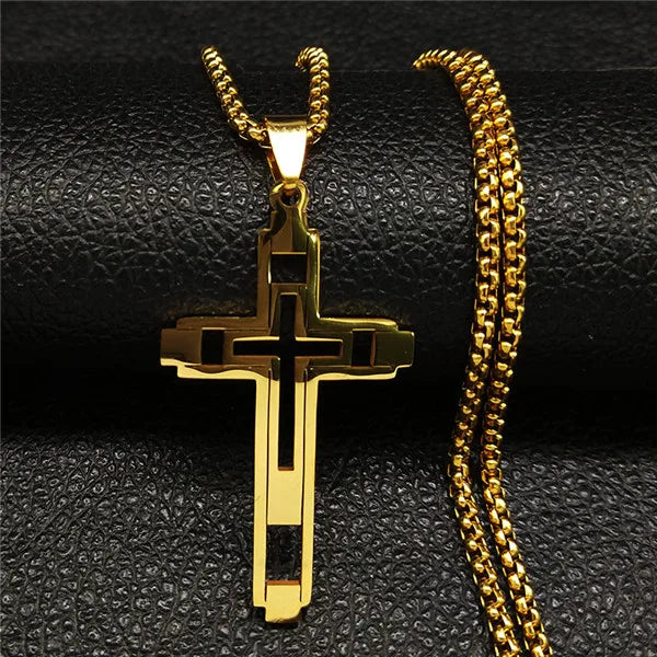 Men Fashion Cross Gold Stainless Steel Choker Cross Stainless Steel Choker Pendant Necklace