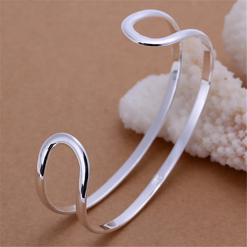 925 Sterling Silver Double Circle Line Woman Wedding Engagement Fashion Charm Party Bangle Bracelet