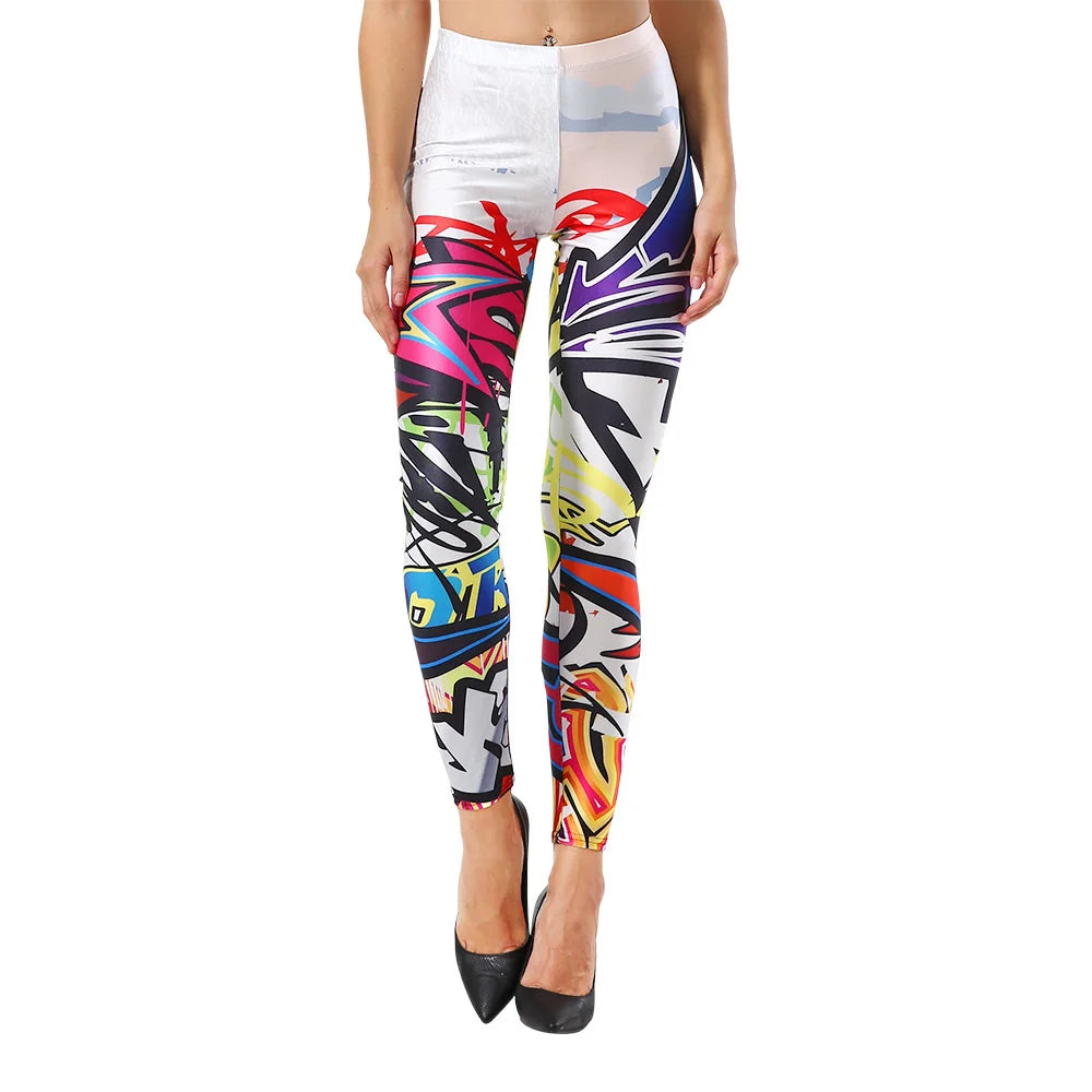 Women Fashion Colorful Comic Doodles Printed Leggings Pant