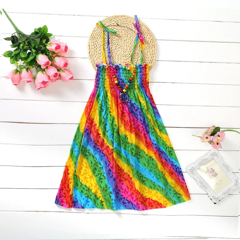 Kids Girls Floral Sling Ruffles Bohemian Beach Princess Birthday Party Dress w/ Necklace